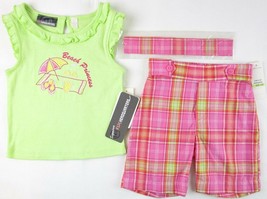 NWT Kids Headquarters Girl&#39;s 3 Pc. Beach Princess Plaid Shorts Set Outfit, 4/4T - £7.36 GBP