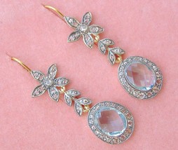 Antique Style 2ctw Aquamarine Drop .42 Rose Diamond Sterling 14K Gilt Earrings - £615.04 GBP