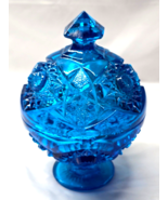 Vintage KEMPLE Cut Glass Covered Pedestal Compote Dish QUINTEC BLUE Fan ... - $33.91 CAD