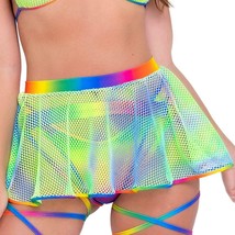 Sheer Fishnet Mini Skirt Flared Tie Dye Rainbow Trim Stretch Rave Green ... - £22.63 GBP