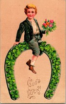 Vtg Postcard 1911 Good Luck Child Riding Horseshoe Four Leaf Clovers Embossed - £6.00 GBP
