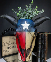 Western Patriotic Texas State Flag Lone Star Rustic Cow Skull Vase Planter Decor - £23.97 GBP