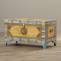 Anthropologie Style Eclectic Painted Brass Inlay Storage Trunk Coffee Table - £589.18 GBP