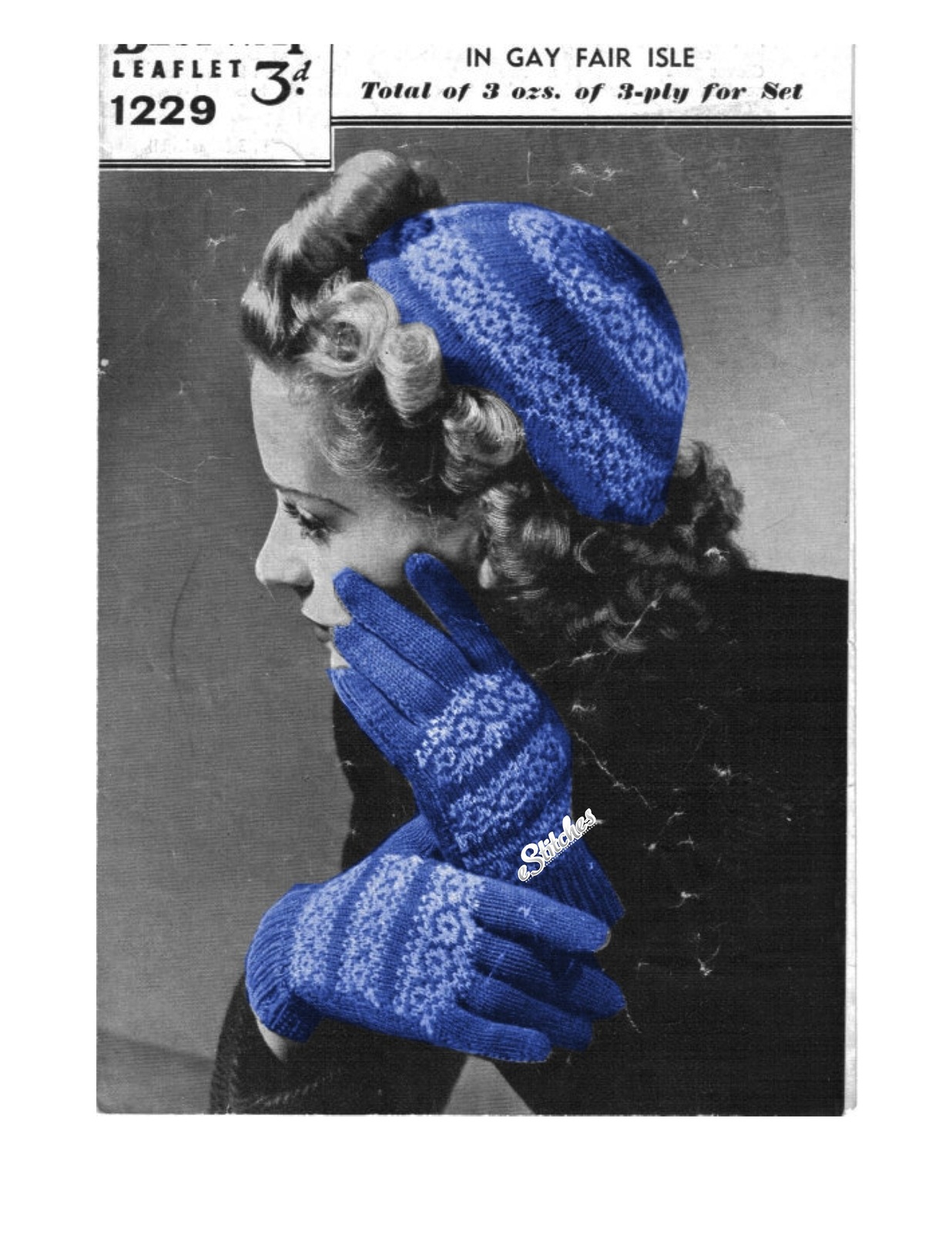 1940s Juliet Cap and Gloves with Fair Isle bands - 2 Knit patterns (PDF 1229) - $3.75