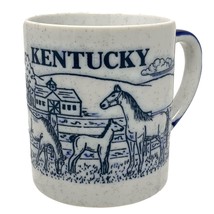 Vintage Coffee Mug Kentucky Horse and Farm Blue White Speckle Made in Japan - $14.84