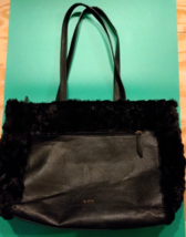 LaDiva DV  Black Leather Faux Fur Handbag Large 18&quot; x 12&quot; - £27.12 GBP