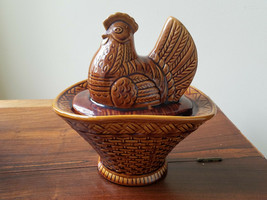 Vintage Brown Rooster Basketweave Marked USA CF 45 Dish With Lid (NWOT) - $39.55