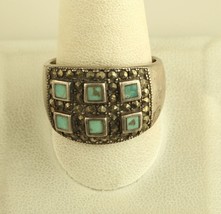 Vintage Signed Sterling NF Thailand Inlay Turquoise Marcasite Dome Ring Band 12 - £42.04 GBP