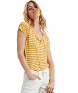 Lucky Brand Women&#39;s Girls Lace Up Front Top Blouse Stripe Yellow Size L ... - £30.68 GBP