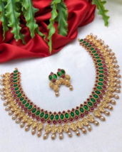 Bollywood Matt Gold Plated Antique Style Indian Red Green Necklace Jewelry Set - £30.36 GBP