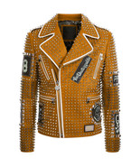 Men Orange PHILIPP PLEIN Leather Coat Full Studded Embroidery Patches Ja... - £239.05 GBP