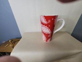 Coffee Mug Tall Red and White Paisley - $14.85