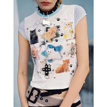 Aesthetic Cool Cats Kittens Cute T Shirts Y2k Top Japan Kawaii Egirl Skinny Crop - £65.18 GBP
