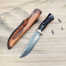 Damascus Steel Fixed Blade Ebony Handle Survival Hunting Knife with Sheath - £77.37 GBP