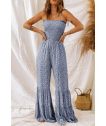 Dusk Blue Thin Straps Smocked Bodice Wide Leg Floral Jumpsuit - $21.19