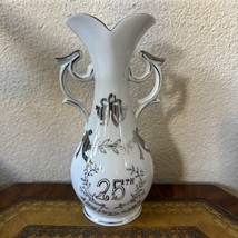 VINTAGE LEFTON CHINA 25TH ANNIVERSARY VASE SILVER CELEBRATION HAND PAINT... - $17.68