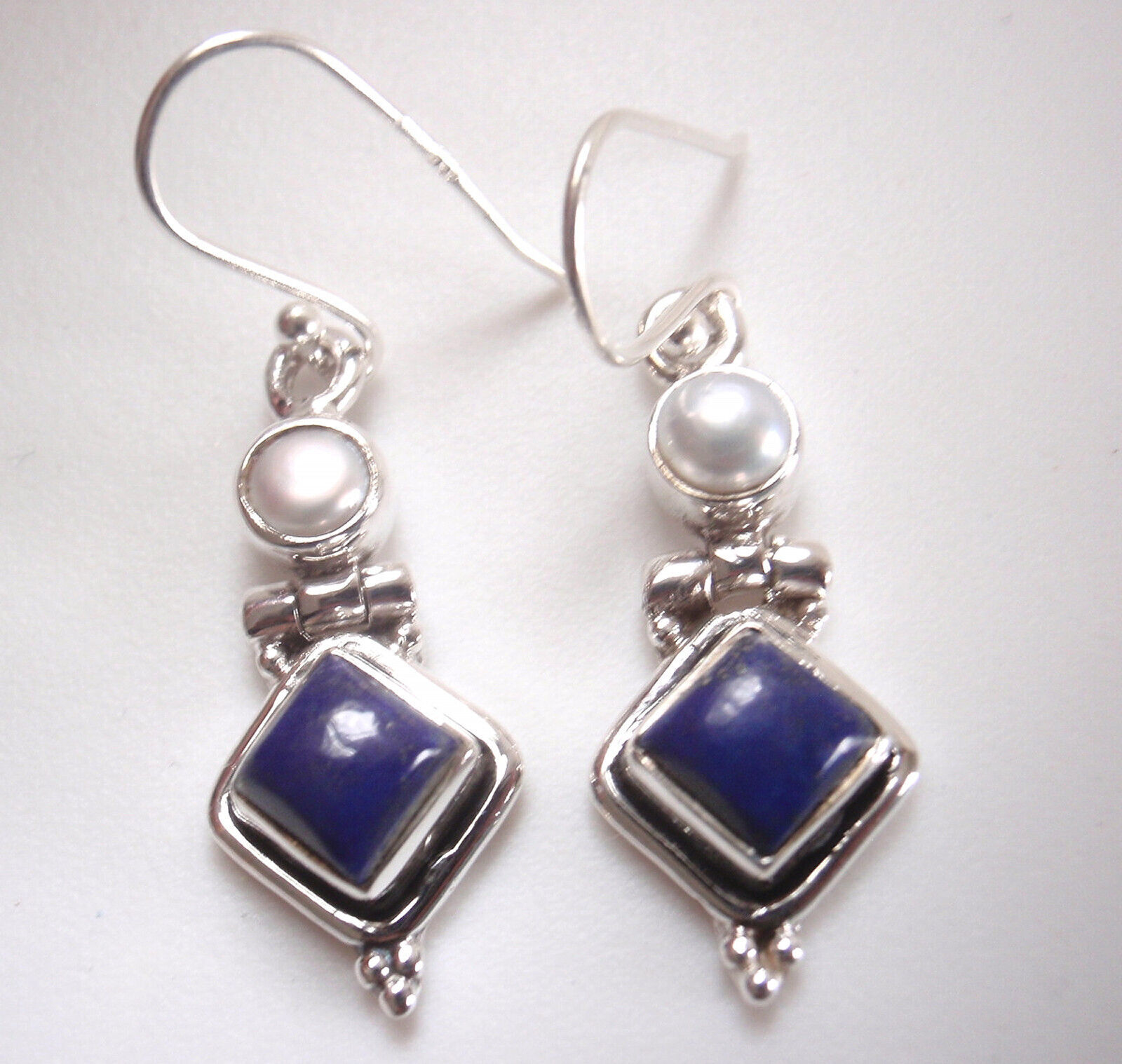 Lapis Lazuli Square and Cultured Pearl 925 Sterling Silver Dangle Earrings - £14.85 GBP