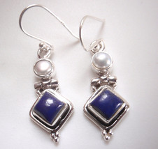 Lapis Lazuli Square and Cultured Pearl 925 Sterling Silver Dangle Earrings - £14.82 GBP