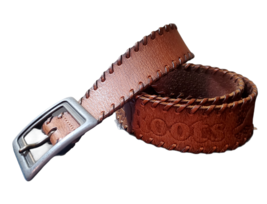 Roots Women&#39;s Brown Leather Belt Embossed Logo Weaved Edges Size 30  - £3.98 GBP