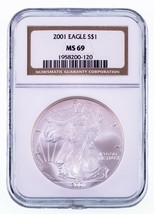 2001 Argento American Eagle Selezionato Da NGC Come MS-69 - £80.64 GBP