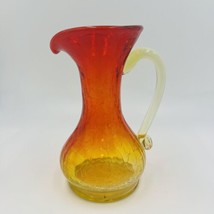 Pitcher Vase Crackle Glass Amberina Hand Blown Art Mini Vintage Red Yellow - £31.27 GBP