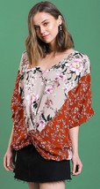 New UMGEE S M Multi-Floral Dolman Sleeve V-Neck Top Center Knot Oversized - £17.48 GBP
