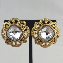 Avon Gold Tone Flower Bloom Clip On Earrings With Center Crystal Vintage  - £17.92 GBP