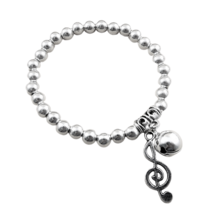 Musical Note Charm with Bell Solid Beaded Stretch Bracelet Sterling Silver - £9.66 GBP