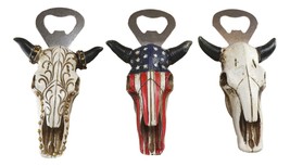 Pack Of 3 Western Bull Cow Skulls Flag Scroll And Bone Hand Beer Bottle Openers - £19.97 GBP