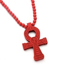 Mens Large Red Egyptian Ankh Cross Pedant Necklace Wooden Jewelry Ball Chain 35&quot; - £15.87 GBP