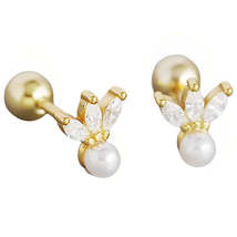 Anyco Earrings Gold Plated Luxury Zircon Romantic Flower Pearl Spiral Bead Stud  - £17.66 GBP