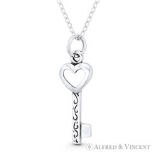 Heart Bow Skeleton Key Love Charm Oxidized .925 Sterling Silver Necklace Pendant - £14.92 GBP+