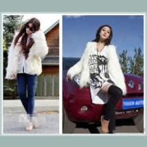 Long Shaggy Hair White Angora Sheep Faux Fur Medium Length Coat Jacket