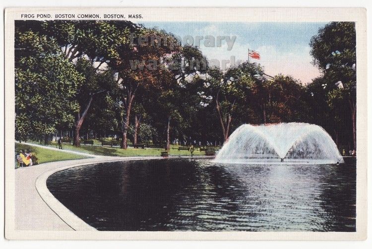 Boston MA Mass., Frog Pond & Fountain, Boston Common Park c1920s-30s postcard - $4.55