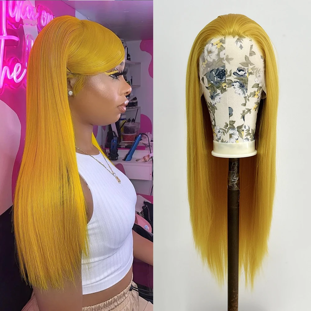 AIMEYA Yellow Hair Lace Wigs for Women Synthetic Lace Front Wig Straight - £48.64 GBP+