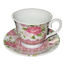 Vintage Footed Teacup &amp; Saucer Set Pink White Roses Pink White Plaid Tea... - $9.87