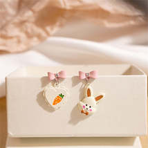 White Enamel &amp; Cubic Zirconia Carrot Rabbit Asymmetric Drop Earrings - £9.76 GBP