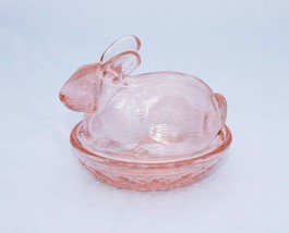 New Pink Glass Bunny on Nest Depression Style Rabbit in Basket Retro - £11.99 GBP