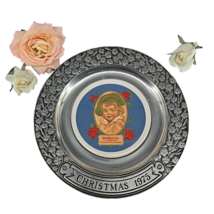 Vintage Plate Christmas 1975 Red Rose Tea Girl Tile on Pewter Flower Design Edge - $18.37