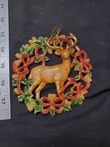 VTG Deer In A Wreath Ornament  Christmas Decoration Hard Plastic - £10.59 GBP
