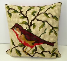 Vintage Needlepoint Bird Pillow Square Red Velvet Back Cottagecore - £21.58 GBP