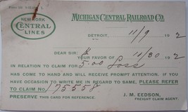 Vintage Michigan Central Railroad Co Note On Claim For $5.00 Loss 1912 - £1.56 GBP