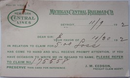 Vintage Michigan Central Railroad Co Note On Claim For $5.00 Loss 1912 - $1.99