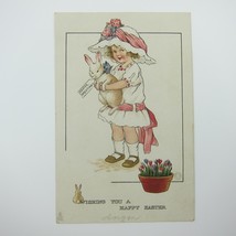 Easter Postcard Girl Pink &amp; White Hat &amp; Dress Holds Rabbit Flowers Tuck Antique - £7.94 GBP