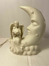 White Porcelain Winged Angel with Man In The Moon Night Light Nursery Table Lamp - £47.25 GBP