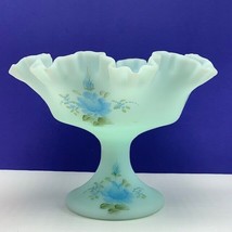 Fenton glassware vtg depression glass vase milk blue ridge crest rose signed mcm - £116.81 GBP