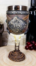 Western Bison Steer Skull With Lasso Ropes Cowboy On Horse Wine Goblet C... - $27.99