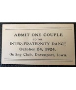 1924 Inter Fraternity Dance Admit One Couple Card/Ticket  - £1.96 GBP
