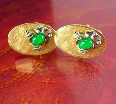 Kiss a FROG Cuff links gold frogger Toad whimsical jelly belly green chrysoprase - £130.37 GBP