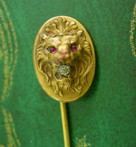Antique fierce Lion STICKPIN ruby Jeweled Eyes Victorian stickpin paste ... - $245.00